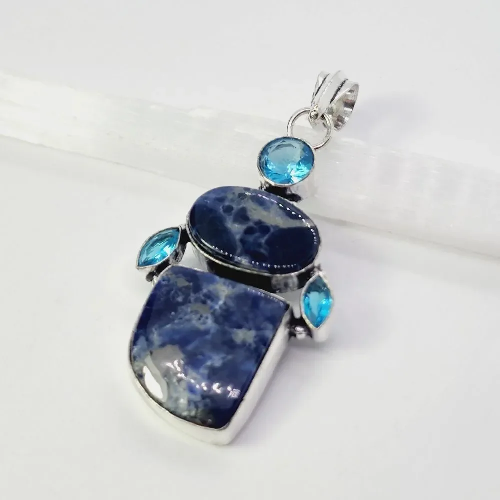 Sodalite Blue Quartz Sterling Silver Plated Pendant 2.5
